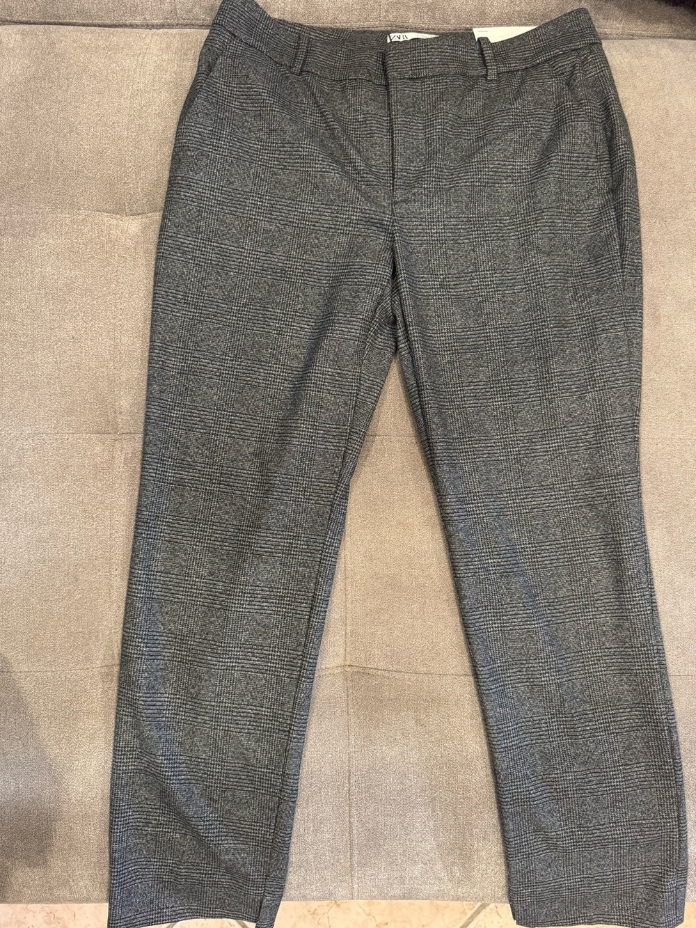 NWT Zara Woman Grey Checked Tailored Trousers with Ankle Slits Chino Fit Size 8